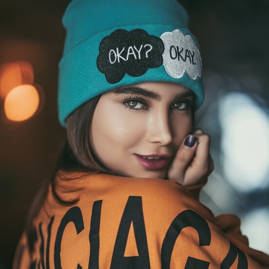 Femme portant un bonnet sarcelle avec des écussons en forme de nuages portant l'inscription "OKAY ? OKAY" et une veste orange, regardant la caméra par-dessus son épaule.