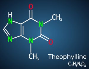 La molécule de théophlyline sur fond bleu.