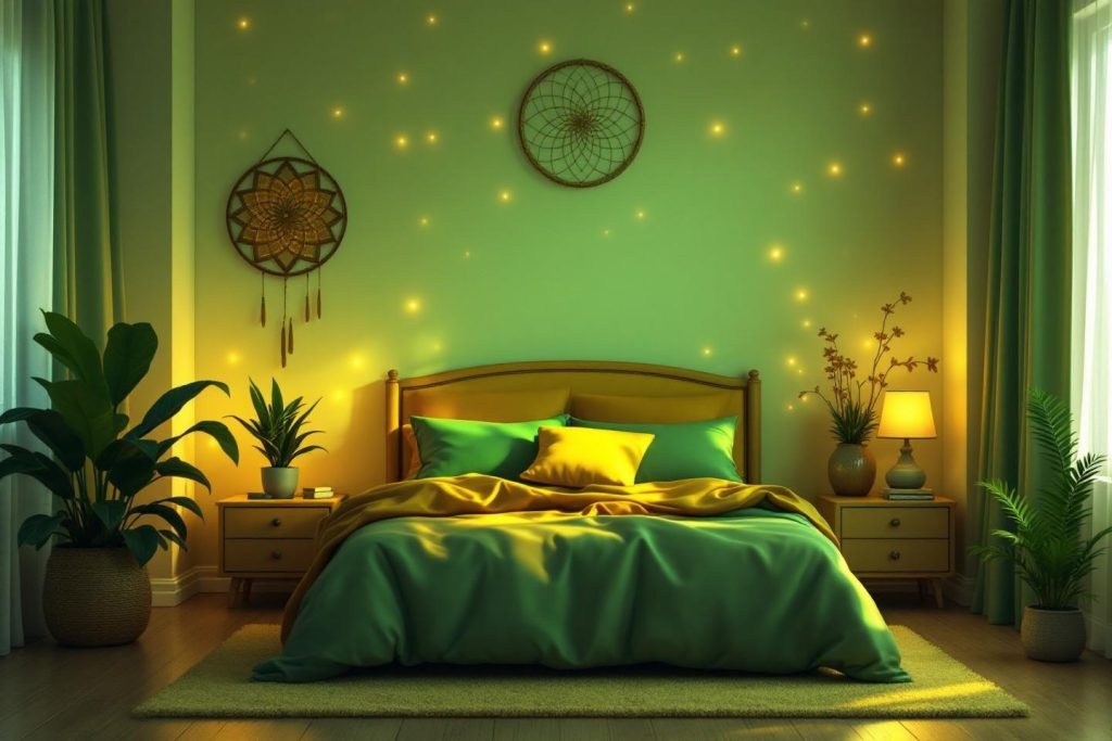 Chambre cosy aux tons verts et jaunes avec plantes et lumières