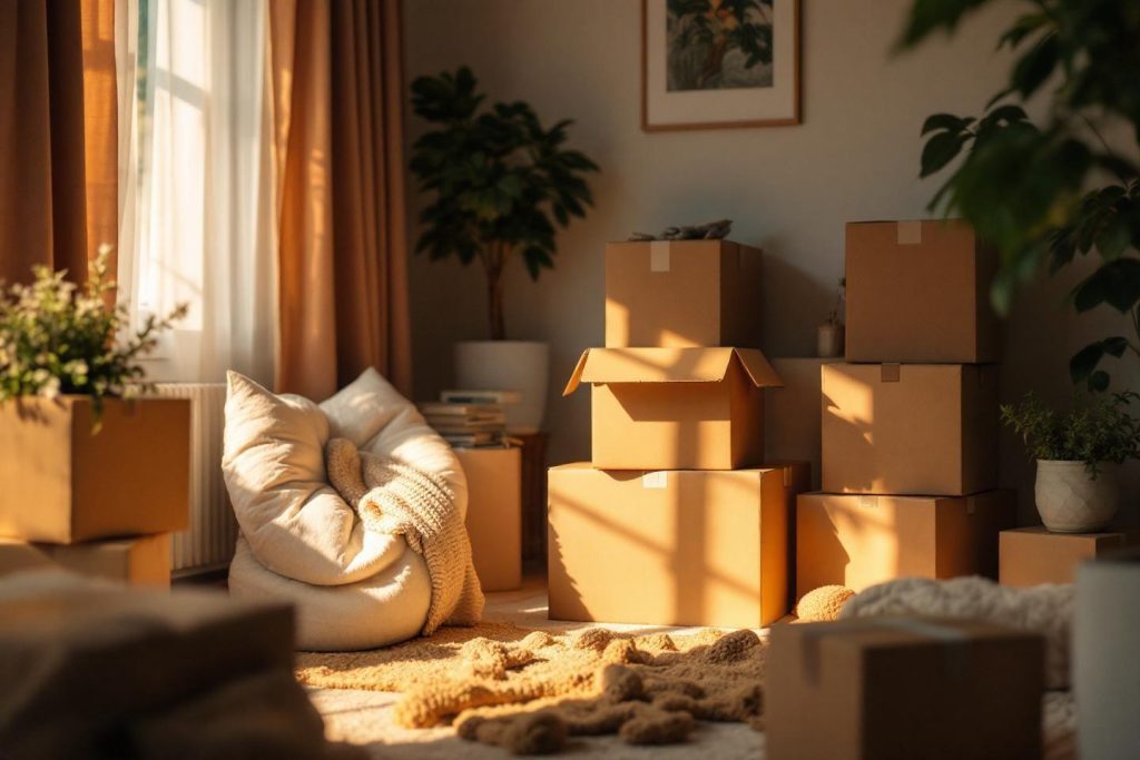 Cartons de déménagement près d'une fenêtre avec lumière douce
