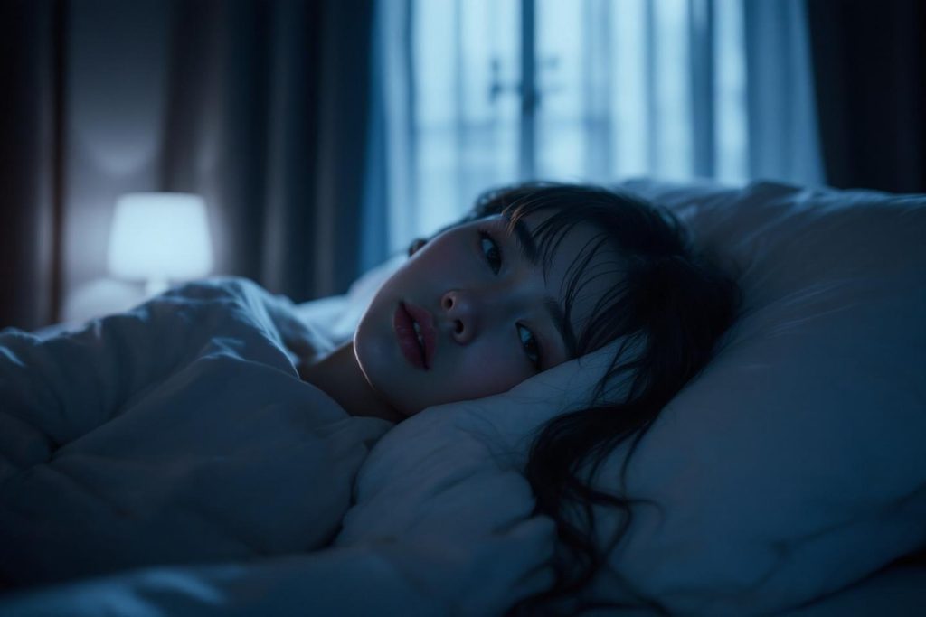 Jeune personne éveillée dans un lit sombre, regard pensif