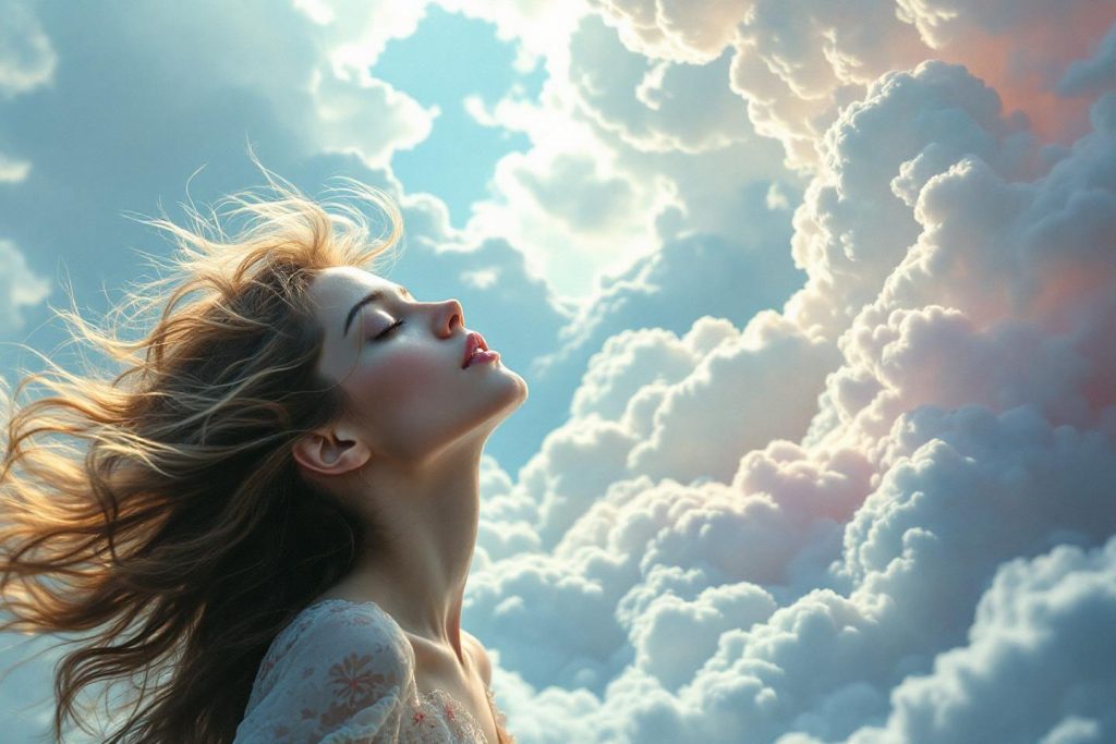 Femme contemplant le ciel, cheveux volant au vent