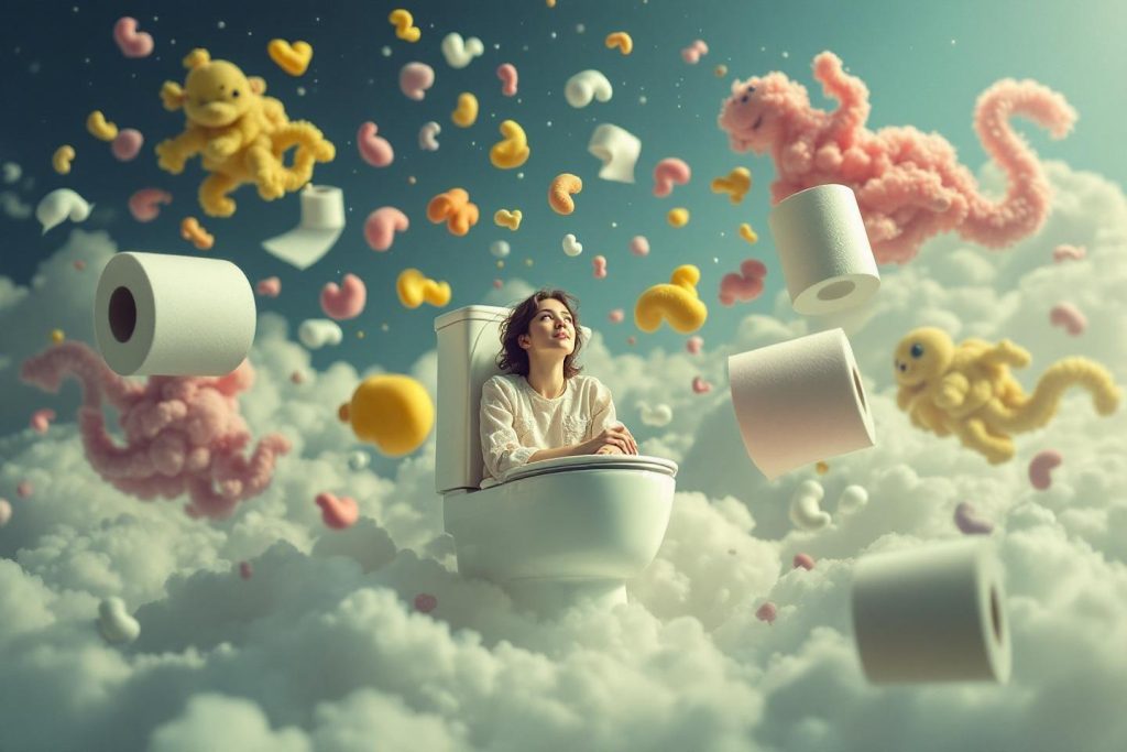 Femme assise sur des toilettes flottant dans un ciel nuageux fantastique