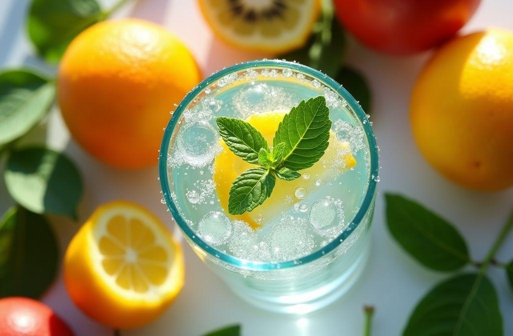 Boisson glacée avec citron, menthe et bulles dans un verre