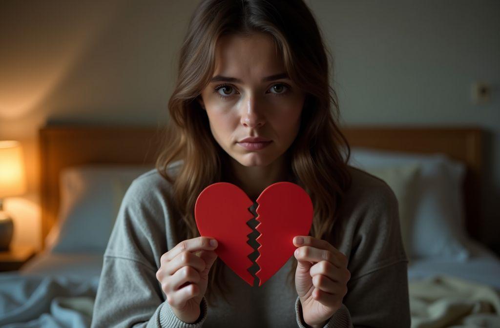 Femme triste tenant un cœur rouge déchiré en deux