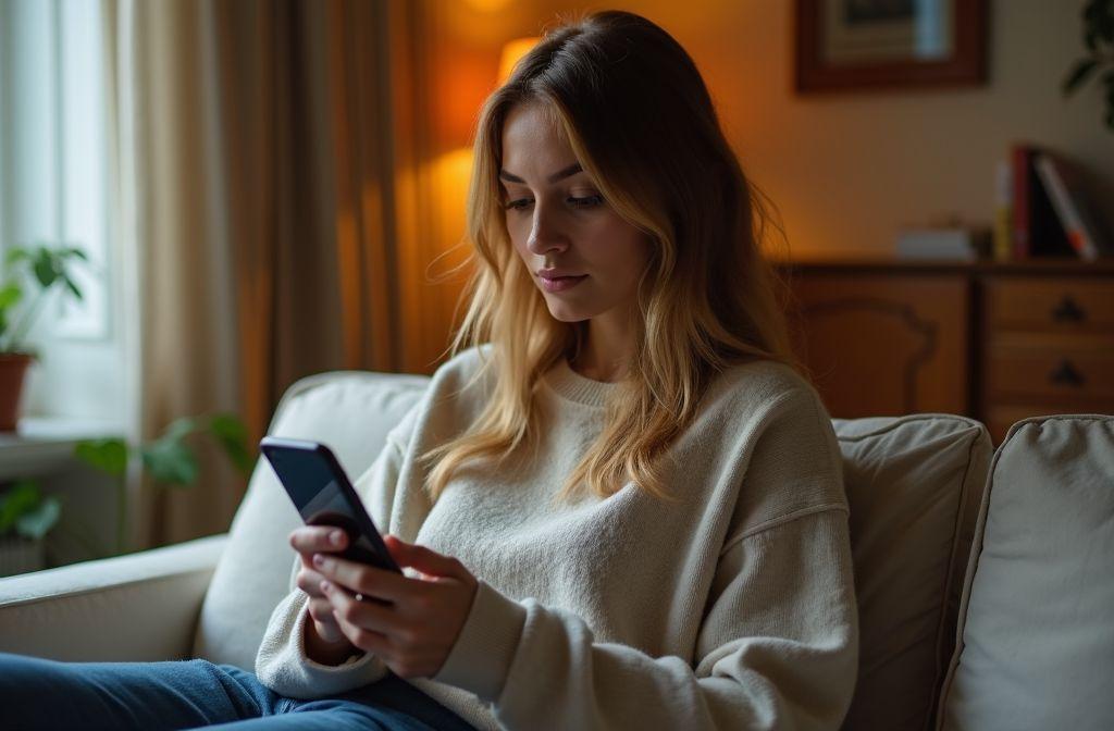 Jeune femme assise confortablement, absorbée par son smartphone