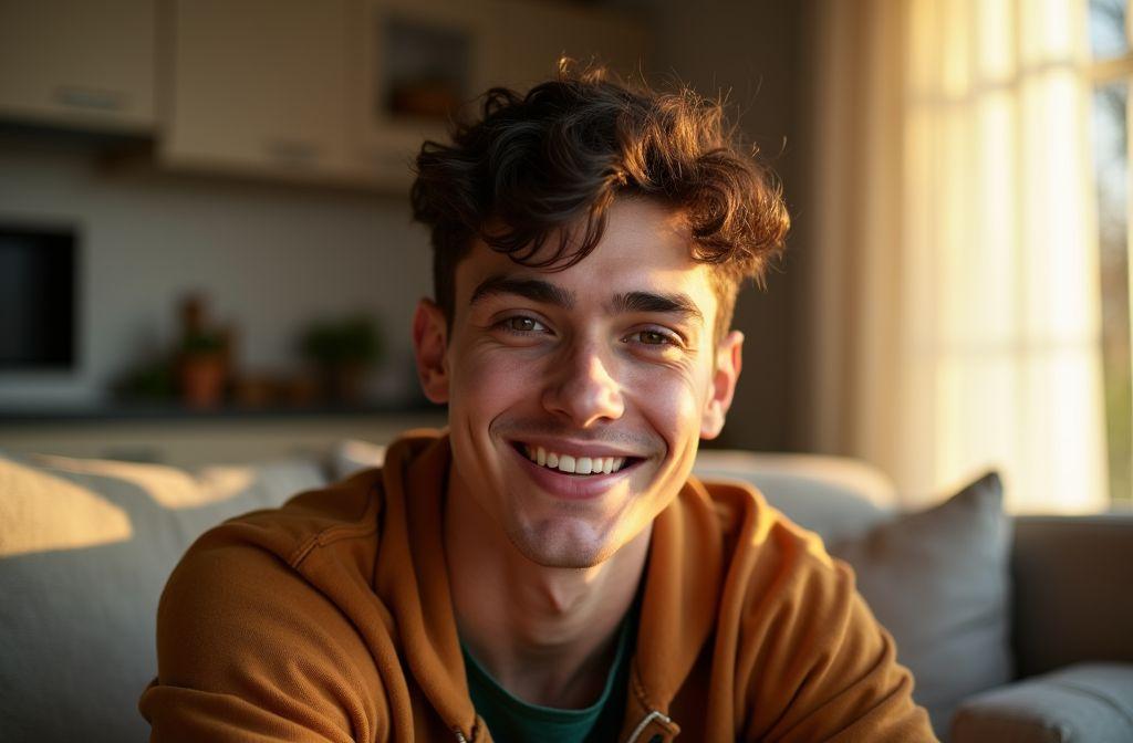 Jeune homme chaleureux et souriant, éclairé par lumière douce