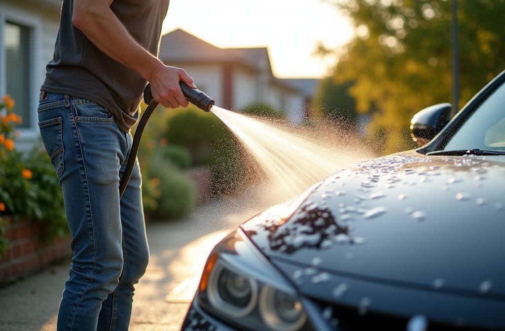 Main tenant un tuyau d'eau arrosant une voiture