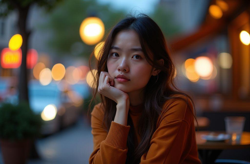 Jeune femme pensive dans un pull orange, lumières de ville floues