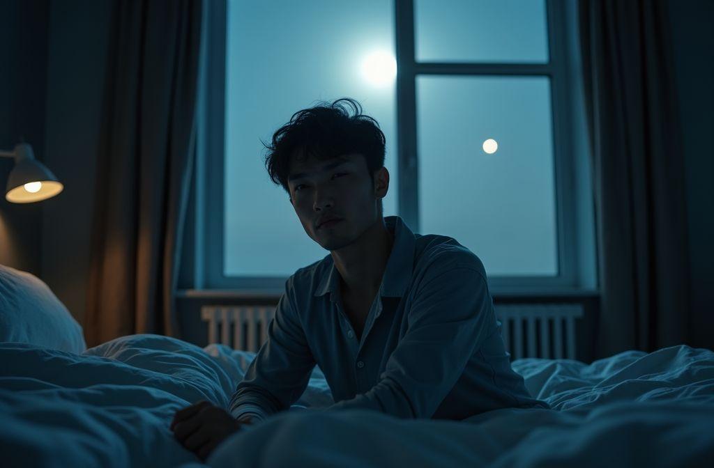 Homme mélancolique assis dans une chambre sombre au clair de lune