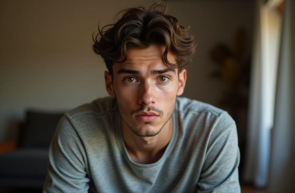 Visage d'un homme aux cheveux bouclés dans un intérieur