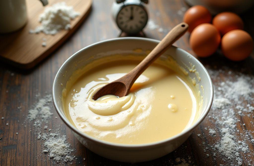 Bol de crème jaune avec cuillère en bois et ingrédients