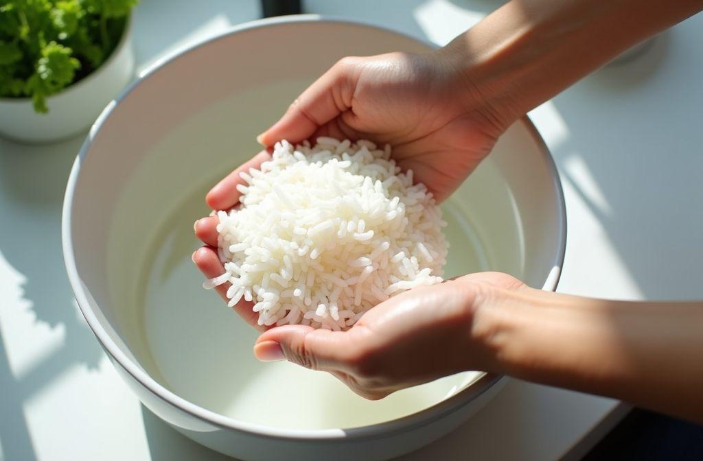 Mains tenant du riz blanc cru dans un bol