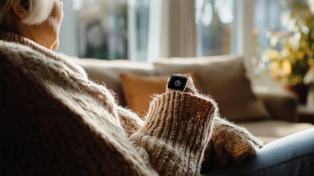 Une personne vêtue d'un épais pull marron est assise sur un canapé, tenant une smartwatch affichant un écran de chargement dans un salon ensoleillé.