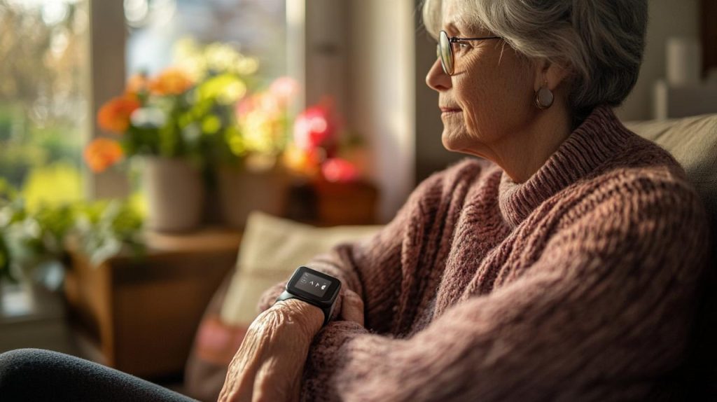 Une femme âgée portant des lunettes et une smartwatch est assise sur un canapé à l'intérieur, regardant par la fenêtre avec des fleurs visibles en arrière-plan.