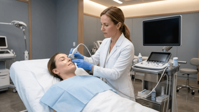 Un professionnel de la santé utilise un appareil à ultrasons sur le visage d'un patient dans un environnement clinique. Le patient est allongé sur un lit de traitement et un moniteur médical se trouve à proximité.